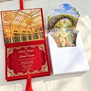 Scatola per Inviti di Nozze in Velluto Rosso, Monogramma Personalizzato in Lamina <span class=keywords><strong>d</strong></span>'Oro, Illustrazione Giardino delle Favole, Busta per Invito Matrimoniale in Acrilico - Product Image 1