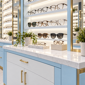Étagère murale optique personnalisée avec éclairage LED et rangement verrouillable pour magasin de détail - Product Image 4