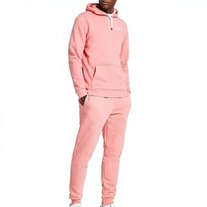 Men Winter <b>Pink</b> Hooded 100% Cotton Tracksuit Full Sleeve Solid Color Casual <b>Sweatshirt</b> Pants Set with Front Logo Side Pockets - Product Image 5