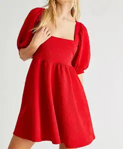 Red Puff Sleeved Mini Dress Square Neck and Back Wholesale Clothing Supplier Red Puff Sleeve Loose Dress China Casual Dresses