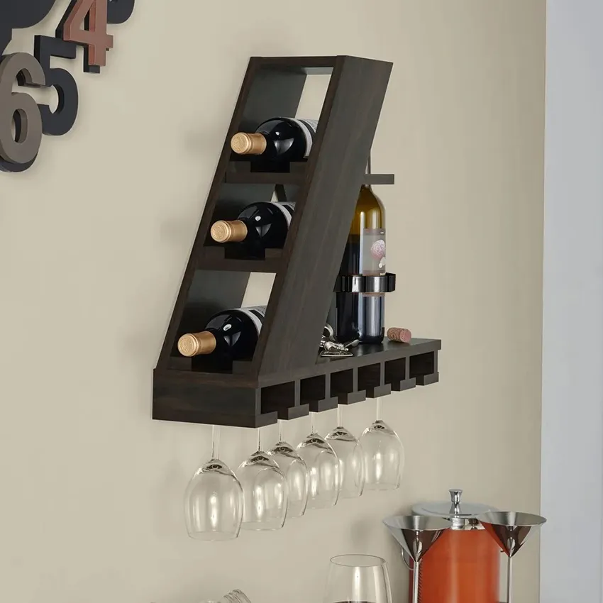 Meuble Moderne d'Amérique Casier à vin flottant compact 4 bouteilles en bois brun Casier à vin suspendu