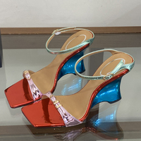 Sandales pour femmes multicolores à bout carré, mules à boucles, talons compensés bleus hauts, à enfiler, à double bride