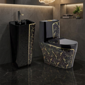 Toilette de luxe en céramique marbrée dorée pour WC, commode de salle de bain une pièce avec lavabo à main, évier, ensemble d'articles sanitaires - Product Image 2