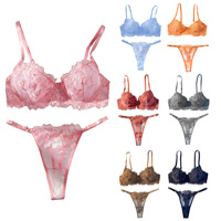 Ensemble de lingerie sexy brodé floral, soutien-gorge 3/4, string, lingerie transparente en maille pour femmes, push-up, bretelles réglables