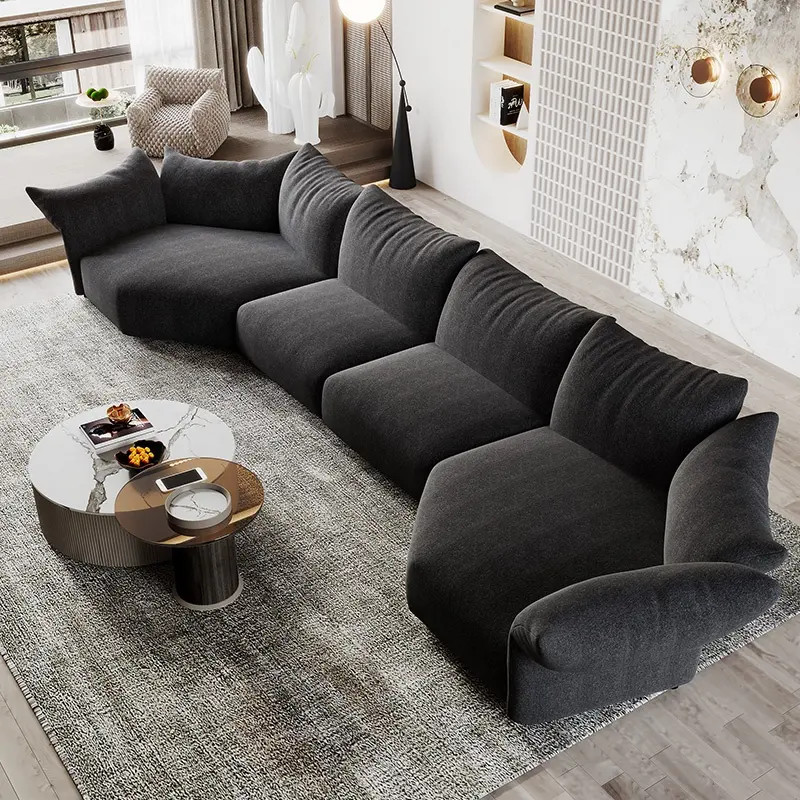 High End Luxus Italienisch dunkelgrau moderne 7-Sitzer Leder Samt Schnitt getuftet l Blumen form gebogene Ecke Blumen sofa