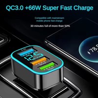 Cargador de coche de 66W, adaptador de encendedor de cigarrillos de carga rápida, 3 puertos USB A + C, cargador de teléfono de carga rápida con pantalla de voltaje