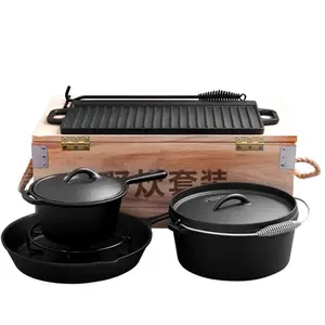 Heavy Duty 7 Stks Non-Stick Kookgerei Gietijzeren Potten Frituren Bakplaat Pannen Nederlandse Oven Camping Set Voor Buiten Koken