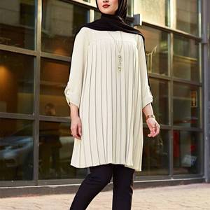 Baju Muslim wanita, baju atasan wanita Muslim kasual lipit longgar lengan panjang leher bulat ukuran besar - Product Image 5