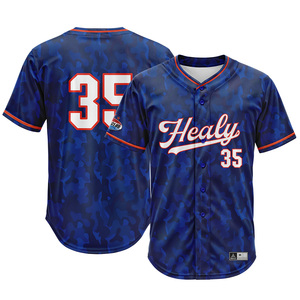 Maillot de baseball personnalisé pour homme, sublimation camouflage bleu, logo Healy brodé, numéro, boutons, manches courtes, uniforme sportif d'équipe - Product Image 2