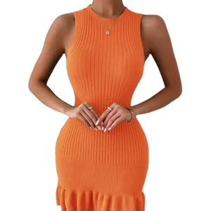 Knitted Dress Women's Spring And Autumn Sleeveless Slim Fit Wrap Hip Over Knee Hundred Pleats Fish Tail Long Dress
