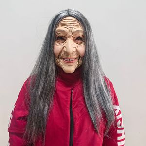 Masque en latex de grand-mère aux cheveux longs, femme âgée avec accessoire capillaire, déguisement d'Halloween, décoration de fête cosplay - Product Image 1