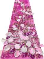 Tissu en dentelle brodée 3D florale rose vif de luxe avec perles pour mariée, 5 yards