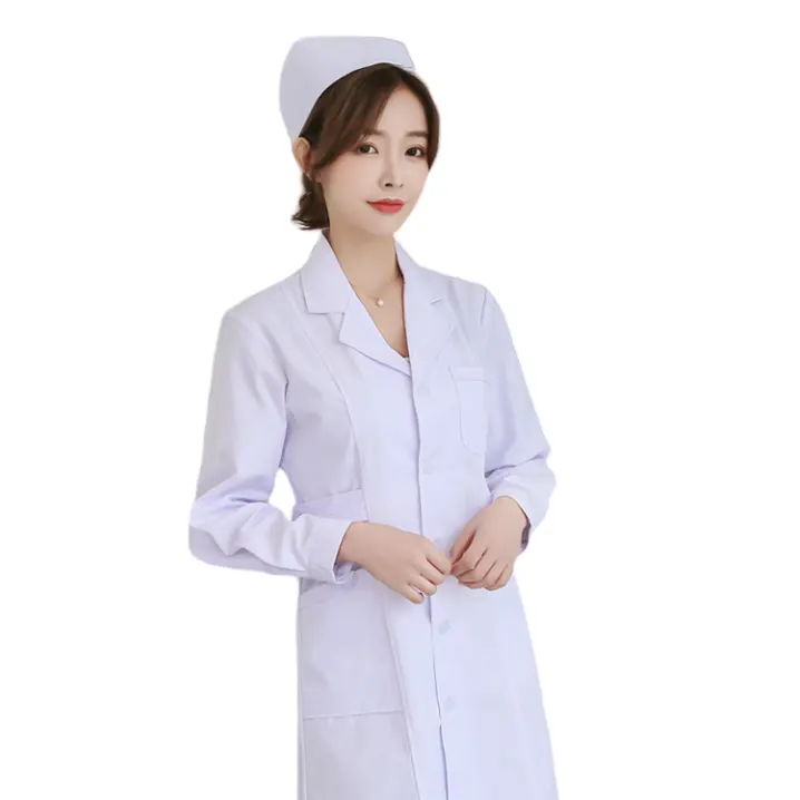 흰색 병원 유니폼 간호사 유니폼 긴 소매 여성 흰색 코트 세트 3 종 작업복