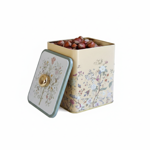 Kontensan ER0232E 1.8L Floral Design Pastel Yellow Metal <b>Square</b> Box with Knob Handle 120x120x137 mm Made in Turkey - Product Image 2