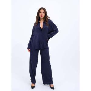 Conjunto de Traje de Punto para Mujer Takim Dusseldorf, Pantalones Anchos Azul Oscuro, Blazer de Manga Larga, Conjunto Formal - Product Image 3