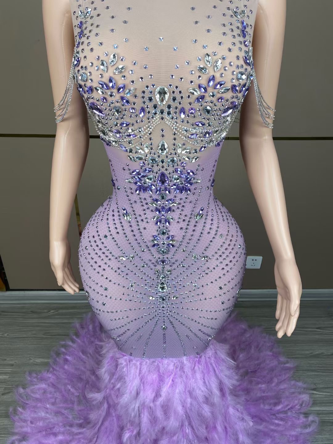 purple prom dress with feathers Rhinestones Purple Spandex Knit Feathers Long Train Mermaid Prom Dress