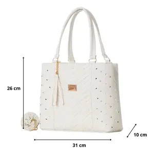 Bolso Tote Casual Blanco M3878 para Mujer Fana Cristina con Remaches de Diamantes y Forro de PU, Bolso de Mano para Boda - Product Image 4