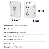 Prise murale 6 prises avec 2 ports USB-A et 2 ports USB-C (4,8A au total), protection contre les surtensions 15A, 240V, norme IP20, mise à la terre, usage résidentiel