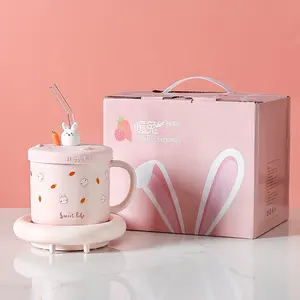Высококачественная кофейная электрическая кружка с умным подогревом силиконовая крышка керамическая розовая Милая Детская кружка набор с подогревом в подарочной коробке и стеклянной соломинкой