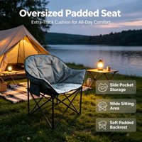 Chaise de camping pliable robuste avec cadre en acier au carbone rembourré épais et surdimensionné, avec poche latérale, idéale pour la plage, les pique-niques, le jardin et la cour.