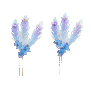 25 épingles à cheveux en plumes, design original, faites à la main, style ancien, thème conte de fées, bleu-violet, polyvalentes, en gaze de soie, avec feuille d'or et motif queue de phénix - Product Image 5