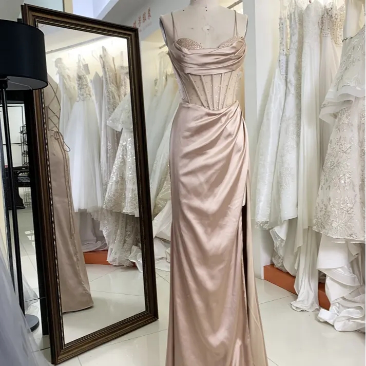 Big brand new satin pleats rhinestone bust Corset Lady Evening Prom Dress with sexy slit