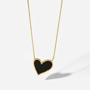 Vintage Style 18 Karat vergoldet schwarz unregelmäßige Herz Halskette Geschenk Edelstahl schwarz Emaille Herz Anhänger Halskette für Frauen