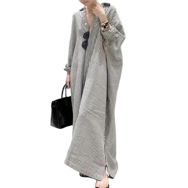 Spring And Summer Loose Striped Cotton Long Sleeve Plus Size Swing Simple Women Casual Dress