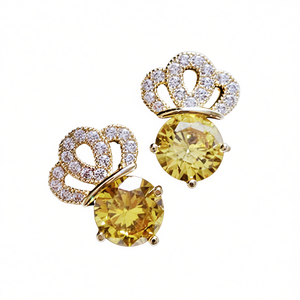 Orecchini a perno E1967 Crown in oro massiccio 18K con citrino e diamanti incastonati a griffe, lusso da donna per tutti i giorni - Product Image 1