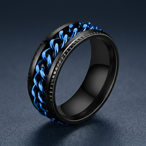 Black <b>Tungsten</b> Men's Punk <b>Ring</b> With Blue Chain Design Daily Wear Jewelry - Product Image 1