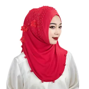 High Quality Muslim Pearl Shawl Pin Beaded Design Women Flower Instant Headscarf Islamic Satin Ladies Hijab