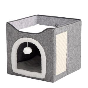 Cama cuadrada plegable para gatos, cálida para el invierno, lavable, extraíble, con rascador para gatos de interior. - Product Image 1