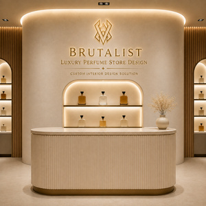 Conception d'intérieur de boutique de parfums de luxe sur mesure, kiosque d'exposition de parfums, comptoir de boutique de parfums couleur crème beige, armoire murale d'exposition - Product Image 1