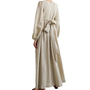 2026 été musulman élégant dame lanterne manches col en v à lacets dos Maxi dames longues femmes Peplum Vestidos décontracté 100% robe en lin - Product Image 2