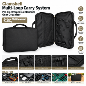 Système de transport multi-boucles à clapet pour l'organisation d'équipements d'entretien électronique professionnel, sac à outils plat personnalisé à fermeture éclair - Product Image 1
