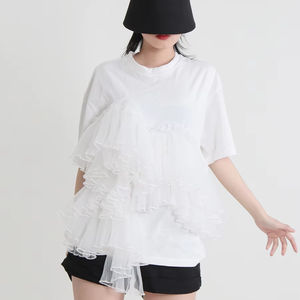 Haut Streetwear d'été pour femmes nouveau t-<span class=keywords><strong>shirt</strong></span> à manches courtes <span class=keywords><strong>de</strong></span> couleur unie avec patchwork polyvalent à volants bord maille coupe ample - Product Image 1