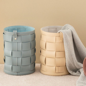 Luxury leather storage basket, high-end storage bin, for home, office, study, trash can, handmade woven waste <b>paper</b> bin - Product Image 2