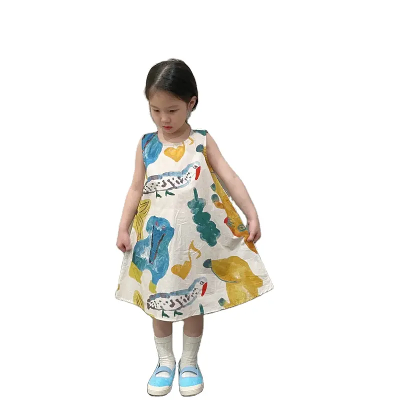 2024 Cô Gái Cotton In Váy Công Chúa Dresses Puff Tay Áo Bóng Áo Choàng Trẻ Em Sinh Nhật Đảng Ăn Mặc Hàng Ngày Cô Gái Quần Áo