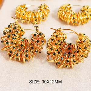 Pendientes de Aro con Diamantes de Imitación Envueltos en Espiral Esmeralda, Latón Chapado en Oro de 18K, Aretes de Embrague con Resorte de Metal para Fiesta Diaria - Product Image 5