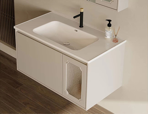 Mueble de baño suspendido con espejo LED táctil, acabado en barniz, vidrio esmerilado, gabinete de almacenamiento y lavabo integrado, personalizado para el hogar - Product Image 3