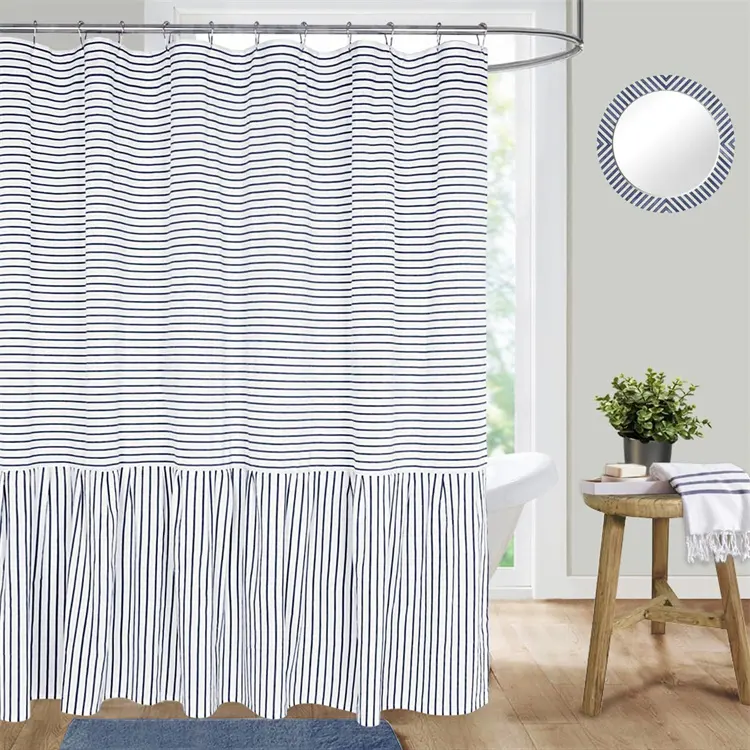 Farmhouse Ruffle Shower Curtain Blue Striped Patchwork Chic Style Cortinas de chuveiro impermeáveis para banheiro