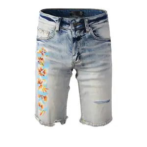 Personalizado casual Hip Hop High Street curto angustiado lavado pintado slim fit Jeans para homens