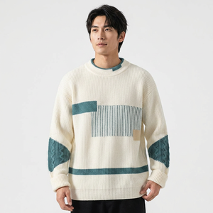 เสื้อสเวตเตอร์ไหมพรมลายเรขาคณิตสีครีมสำหรับผู้ชาย ดีไซน์ต่อผ้า แขนยาว เหมาะสำหรับใส่ในฤดูใบไม้ร่วง ผลิตจากอะคริลิก 100% ป้องกันการเป็นขุย รุ่น 2027 - Product Image 1