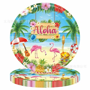 Ensemble de fournitures de fête jetables à thème flamant rose hawaïen, comprenant des assiettes en papier, des gobelets en papier, une nappe, des feuilles de palmier, pour les fêtes de vacances - Product Image 4