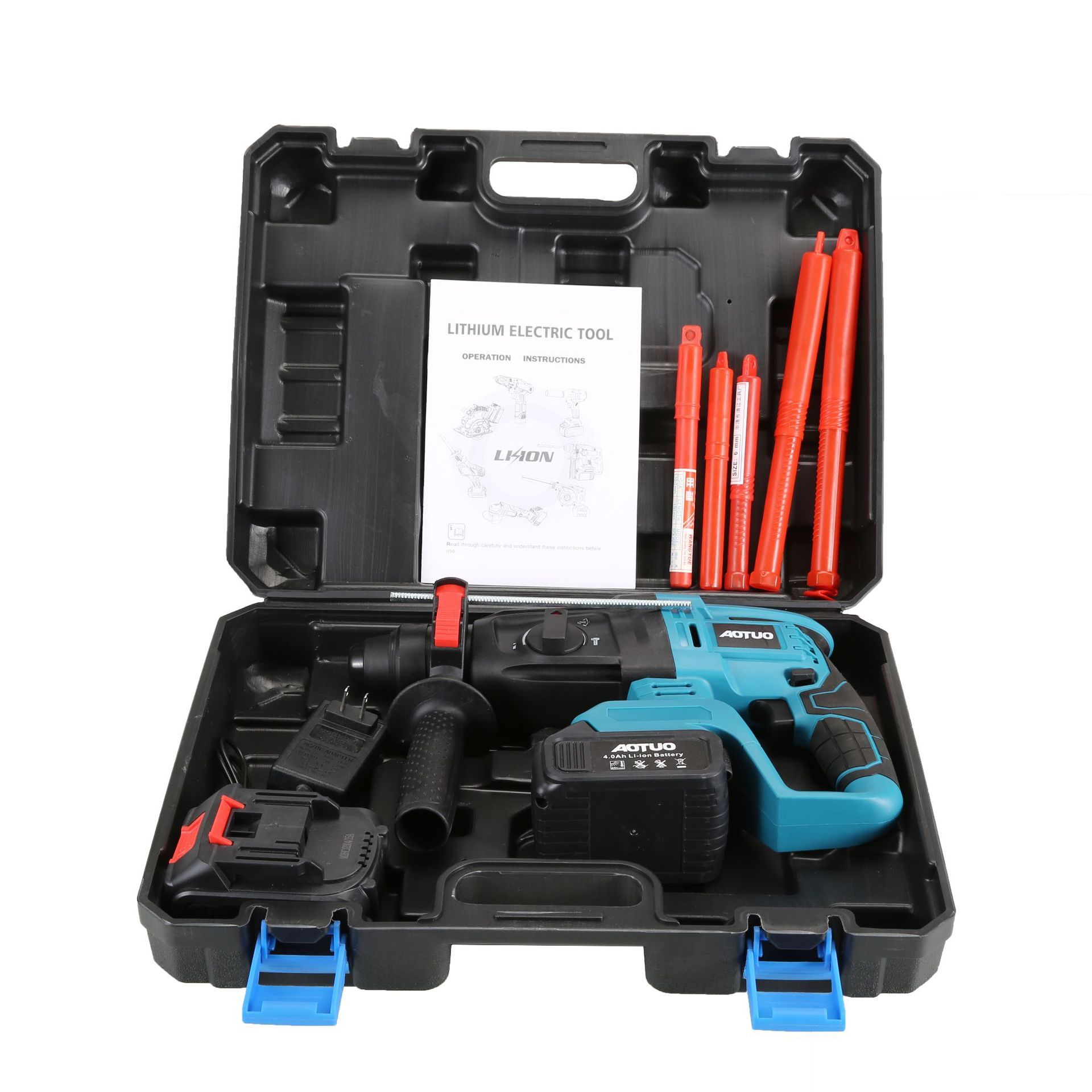 2 baterías, 1 cargador + 3 SDS PLUS y 2 cinceles