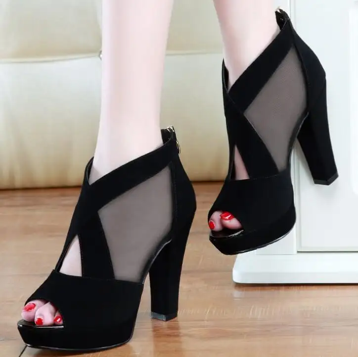 Women's Sandals 2021 Summer New Mesh High Heel Women's Shoes Thick Heel Fish Mouth Sandals Women's Wholesale