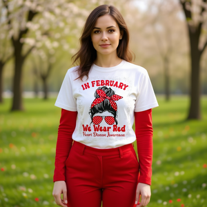 T-shirt con motivo a ciuffetto disordinato per la sensibilizzazione sulle malattie cardiache di febbraio, colore rosso, prodotto promozionale - Product Image 3