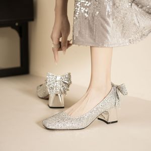 Mary Jane Pumps Glitter Bow Block <b>Heel</b> High <b>Heel</b> <b>Closed</b> <b>Toe</b> Slip-On Wedding Bridal Shoes 5688E-177 - Product Image 2