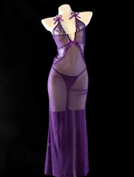 Chemise de nuit longue sexy en dentelle violette transparente, lingerie de nuit transparente à col en V, vêtements de nuit pour femmes, robe dos nu ajourée