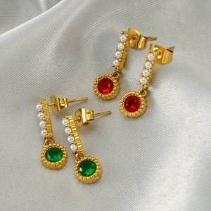 Zogxin Drop <b>Earrings</b> Gold Plated Pearl <b>Red</b> Green Stone Bezel Setting Everyday Wear Stainless Steel <b>Earrings</b> - Product Image 3